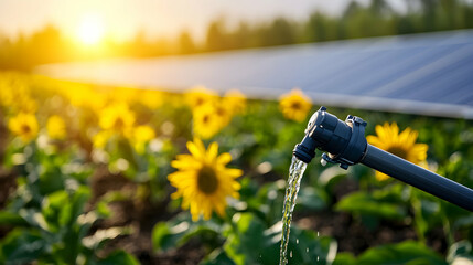 Irrigation System Watering Sunflowers Near Solar Panels At Sunset In Open Field