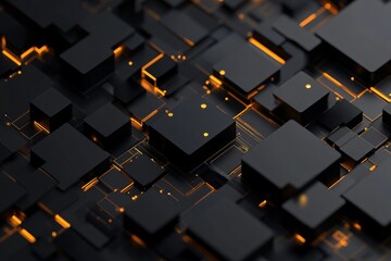 abstract dark geometric tech design with glowing orange lines and dots, evoking circuits or futuristic technology. cubes and lines dominate.