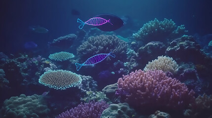 Obraz premium Enchanting Underwater Coral Reef Sanctuary with Luminous Geometric Fish Art Installation Display