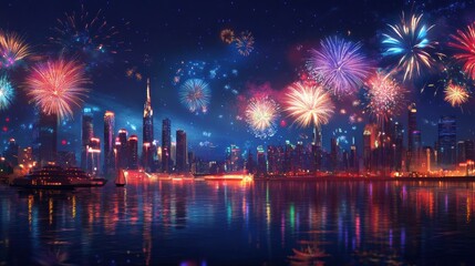 Obraz premium Spectacular Fireworks Display Over City Skyline at Nighttime