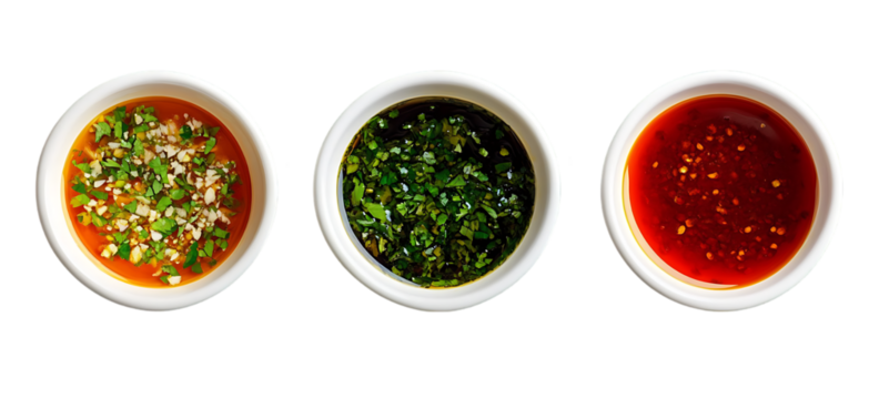 Three Delicious Asian Dipping Sauces Food Photography red top dish meal menu herb bowl    