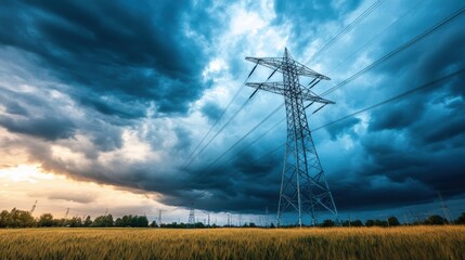 Obraz premium Power Lines Against Dramatic Sky Over Golden Wheat Field