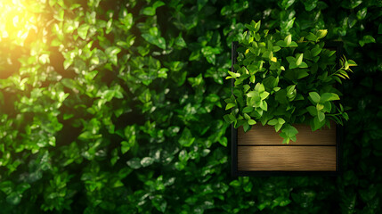 Lush Green Leaves Cover a Wall with a Wooden Box Accent Under Bright Sunlight