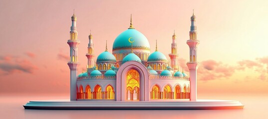 A colorful ornate mosque model illustrated in warm ambient light, perfect for Eid and Ramadan celebrations, with ample copy space for banners and invitations.