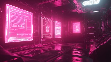 Cyberpunk game room with neon pink holographic panels, glowing energy, dark futuristic feel background wallpaper AI generated image