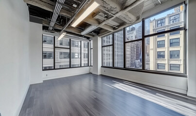 Stylish office with gray hardwood floors and open windows for modern workspace