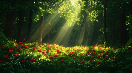Fototapeta premium Lush Forest Scene with Sunlight Streaming Through Trees and Red Flowers Blooming in a Green Meadow