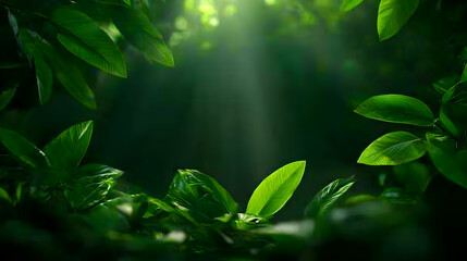 Lush Green Leaves Framed with Sunbeams Shining through Foliage in a Natural Setting