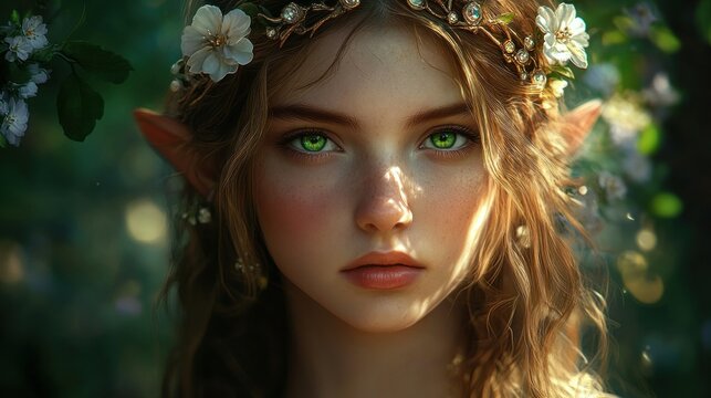 An elf princess with emerald green eyes, wearing a delicate flower tiara in a mystical garden, background wallpaper AI generated image
