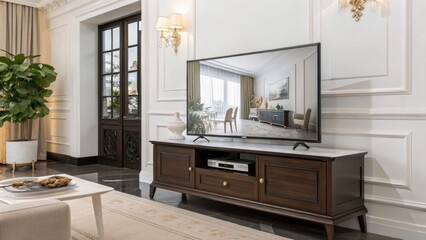 Minimalist Cabinet Television Mockup with Stylish Decor in a Modern Room - 3D Rendering, Tilt-Shift Photography for Home Interior Design Inspiration