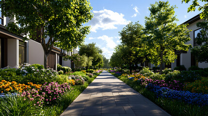 Lush Garden Pathway with Blooming Flowers and Green Trees in Residential Neighborhood Under Blue Sky During Sunny Day