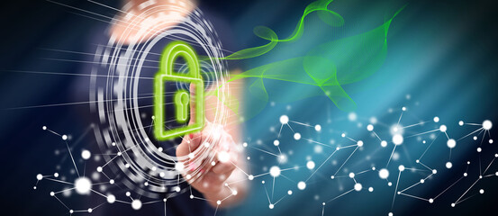 Woman touching a digital security concept