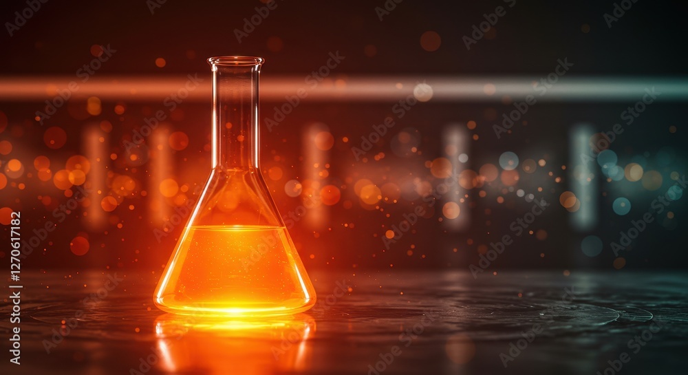 Wall mural a glowing orange laboratory flask on a reflective surface surrounded by digital hexagonal patterns a