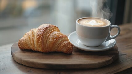 Breakfast view a bunch of croissant and a cup of coffee on the table. Kitchen vibe with filter lighting from window.