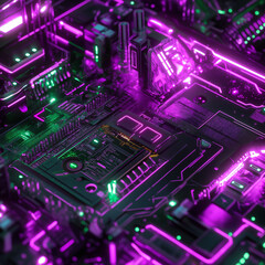 Obraz premium Cognitive accelerator chip perspective with cyberpunk aesthetics for cutting-edge technology