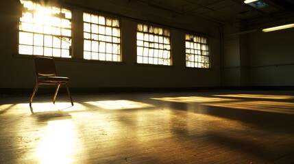 An abandoned room with cracked walls and a worn floor has an antique chair near a broken window. Sunlight streams through, casting long shadows across the space