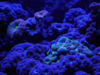 Obraz premium Vibrant underwater coral landscape with bioluminescent glow in deep blue ocean