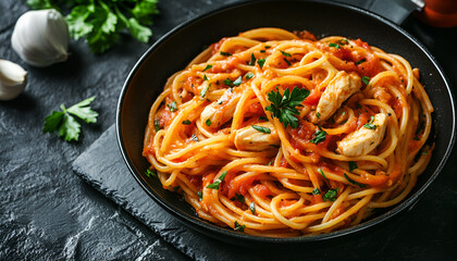 Spaghetti pasta in tomato sauce with chicken,  parsley in pan. Chicken spaghetti pasta over black stone background with copy space, italian food