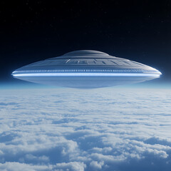 Obraz premium Enigmatic Flying Saucer Aloft over Cloudscape Underneath Starry Expanse of Celestial Night Sky
