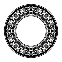 Round decorative frame with ornamental border. Black and white vector illustration. For design in Eastern style, place for text. For embroider, ceramics, sandblaster, laser cutting, textiles, cards