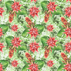 Tropical plant seamless pattern on watercolor stains spotted background. Red bromeliad flower, buds with anthurium leaf, exotic leaves. Hand drawn illustration on isolated white background 