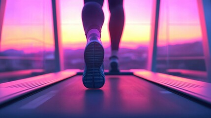 Fototapeta premium Runner on Treadmill During Sunset with Vibrant Colors and Lights