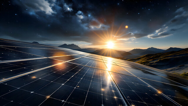 Sollar pannels on field with beautiful sunrise