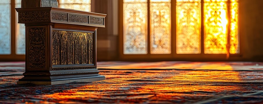 Ornate wooden lectern stands near light filled windows on carpet
