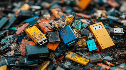Discarded USB devices and old technology pile up in a junkyard, symbolizing the rapid evolution of media storage formats The chaos of obsolete gadgets highlights the fleeting nature of digital innovat