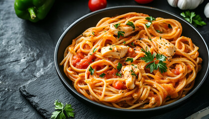 Spaghetti pasta in tomato sauce with chicken,  parsley in pan. Chicken spaghetti pasta over black stone background with copy space, italian food