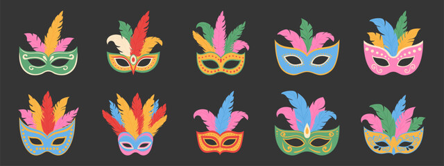 Obraz premium Carnival masks with feathers. Set of masquerade elements.