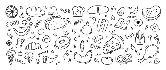 Set of cute food doodle elements vector. Hand drawn doodle collection of pizza, donut, sausage, sandwich, bread, ice cream, arrow. Design for print, cartoon, wallpaper, restaurant, cafe, sticker.