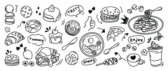 Set of cute food doodle elements vector. Hand drawn doodle collection of pizza, donut, sausage, sandwich, bread, pasta, pancake, arrow. Design for print, cartoon, wallpaper, restaurant, cafe, sticker.