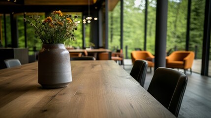 A stylish dining room features a large light oak table surrounded by colorful upholstered chairs, complemented by a wildflower vase and scenic backdrop