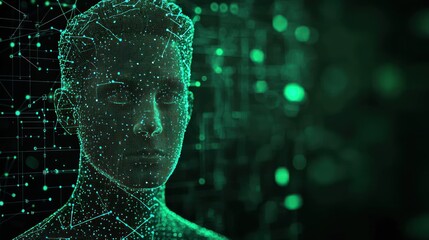 Digital human face with data stream representing advanced technology