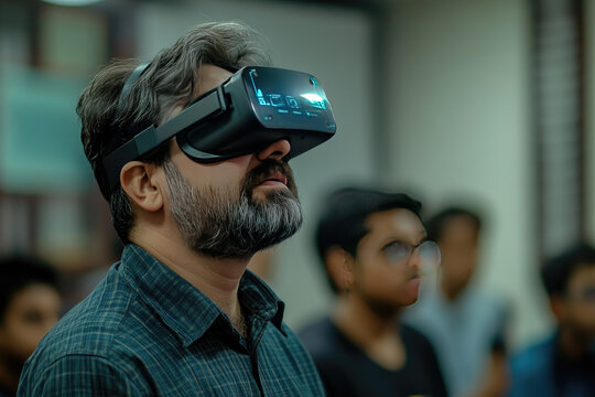 A teacher and students use a virtual reality headset to explore AI-driven learning environments in a modern classroom. - Powered by Adobe