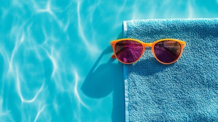 Colorful Sunglasses and Towel by Sparkling Swimming Pool Water