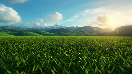 Lush Green Field Under a Sunny Sky with Distant Mountains and Wind Turbines