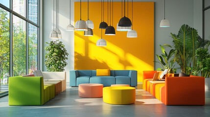 Creative office lounge, colorful furniture, brainstorming session, team interaction.