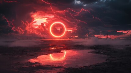 Obraz premium A futuristic landscape with a glowing round neon gateway, casting ethereal reflections on the terrain, under a stormy electric sky.