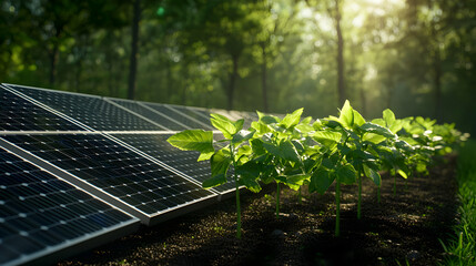 Fototapeta premium Solar Panel Installation with Young Plants in a Rural Landscape Under Sunlight