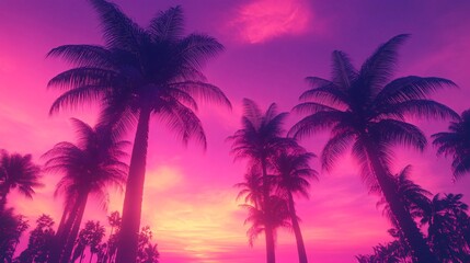 Obraz premium Vibrant Sunset Over Tropical Palm Trees in Pink and Purple Skies
