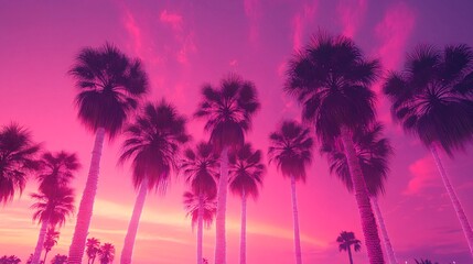 Obraz premium Vibrant Sunset with Silhouetted Palm Trees Against Colorful Sky