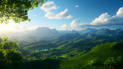 Obraz premium Lush Green Mountains Under a Blue Sky with Dramatic Sunlight and Green Foliage in a Vast Scenic Landscape