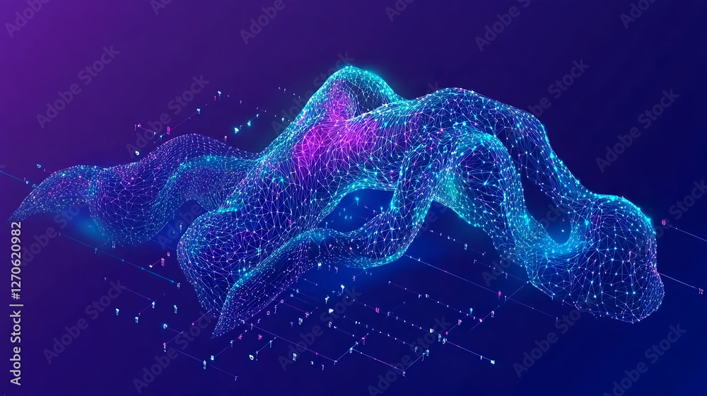 Poster dynamic digital wave simulation virtual space 3d visualization abstract environment aerial view tech