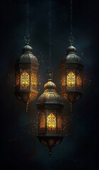 Obraz premium Three ornate lanterns illuminated against a dark backdrop, ideal for Ramadan or Eid Mubarak themed designs and festive promotions.