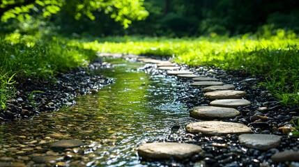 Stone Path Through Flowing Water in Green Grassy Landscape During Sunny Day