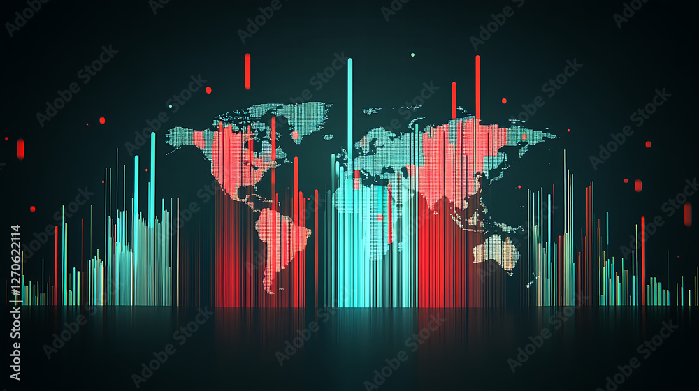 Poster visualizing global data trends digital world map infographic abstract style eye-level view data anal