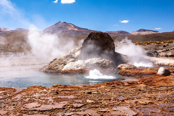 Tatio Geyser, Atacama Desert, Chile. Geyser steam in the desert.