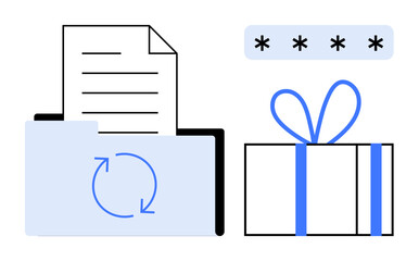 Folder with document and refresh icon, password field with asterisks, and gift box. Ideal for data management, file transfer, security, rewards, privacy encryption digital services. Line metaphor